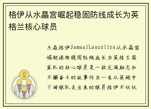 格伊从水晶宫崛起稳固防线成长为英格兰核心球员
